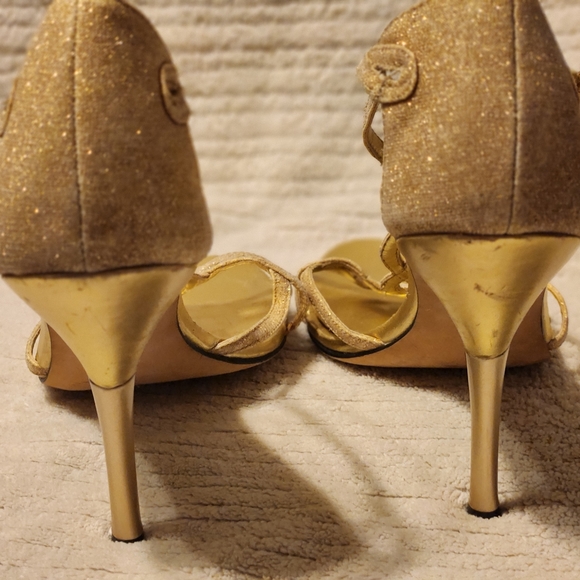 Gold Sparkle Guess Heels sz 10 T straps - Picture 7 of 11